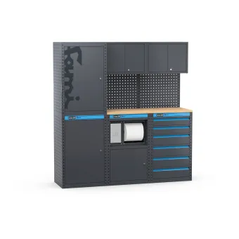 Fami - Arredo officina con armadi a 1 anta, modulo di servizio e cassettiera, L1824 x P495 x H1900 mm