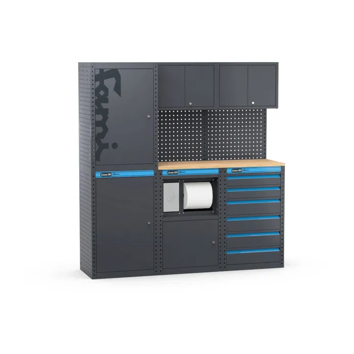 Fami - Arredo officina con armadi a 1 anta, modulo di servizio e cassettiera, L1824 x P495 x H1900 mm