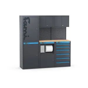 Fami - Arredo officina con armadi a 1 anta, modulo di servizio e cassettiera, L1824 x P495 x H1900 mm