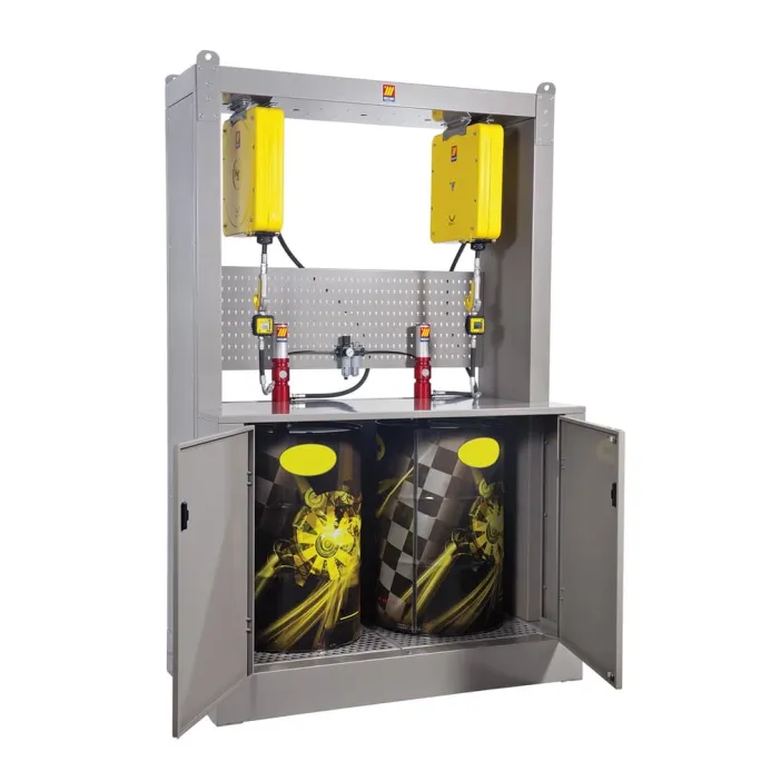 Meclube - installazione armadio completa per distribuzione olio a 2 postazioni per fusti da 180-220 l