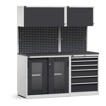 Fami - Modulo con cassettiera e armadio con ante scorrevoli fessurate in policarbonato,  L1734 mm