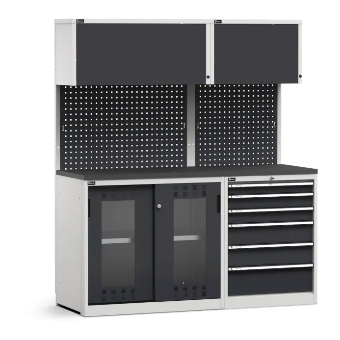 Fami - Modulo con cassettiera e armadio con ante scorrevoli fessurate in policarbonato,  L1734 mm