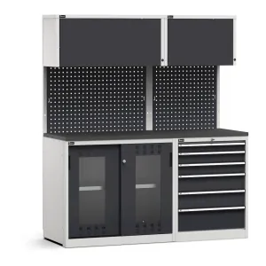 Fami - Modulo con cassettiera e armadio con ante scorrevoli fessurate in policarbonato,  L1734 mm